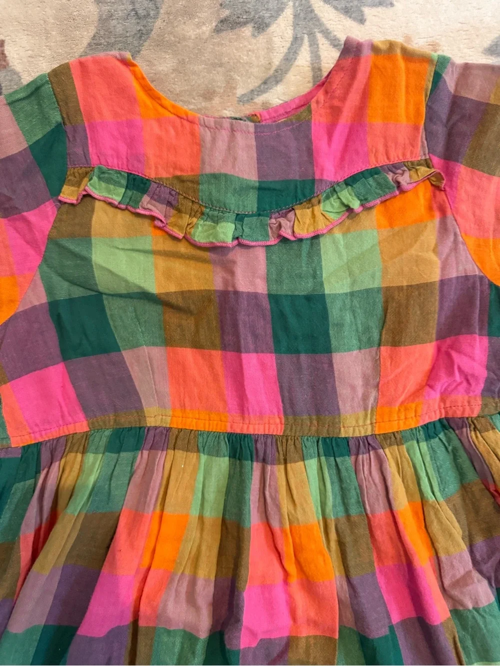 Pink Chicken Multicolor Plaid Ruffle Dress - Pink, Green, Orange, Purple